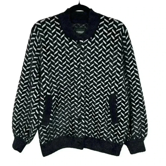 LIVERPOOL Fuzzy Black White Herringbone Balloon Sleeve Knit Cardigan Size Small - Picture 5 of 7